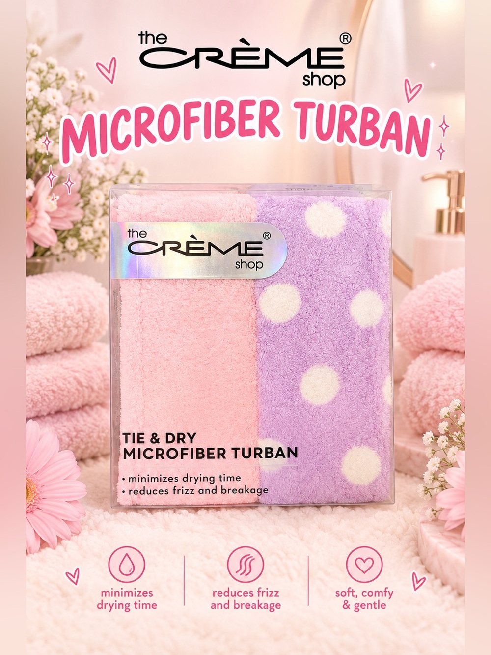 the CRÈME shop Pink & Lavender Polka Dot Microfiber Hair Turban
